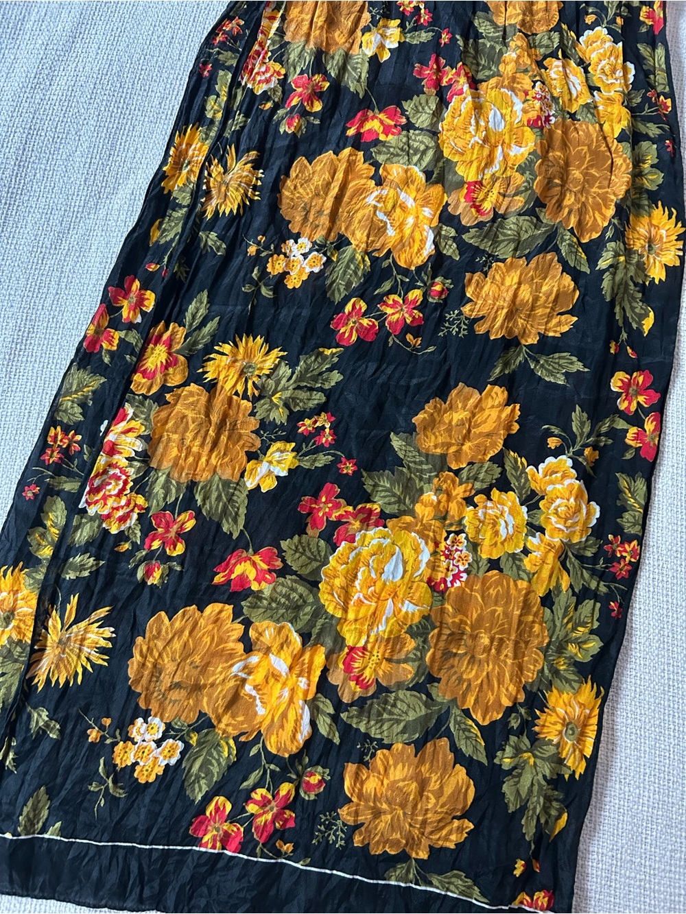 Vintage Elaine Gold Black Floral Silk Scarf with Golden Yellow and Red Accents